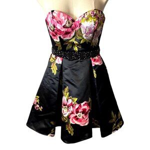 Jovani Sweetheart Strapless Black Floral Fit & Flare Cocktail Party Dress Size 0